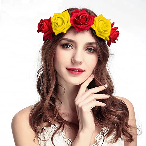 FFWTPY Halloween Cerchietto Fascia Rosa Rossa per Donne Corona di Fiori per Capelli Cerchietti Rose Rosse Fasce per Ghirlande Sposa Copricapo Accessori per Matrimonio Festa e Fotografia