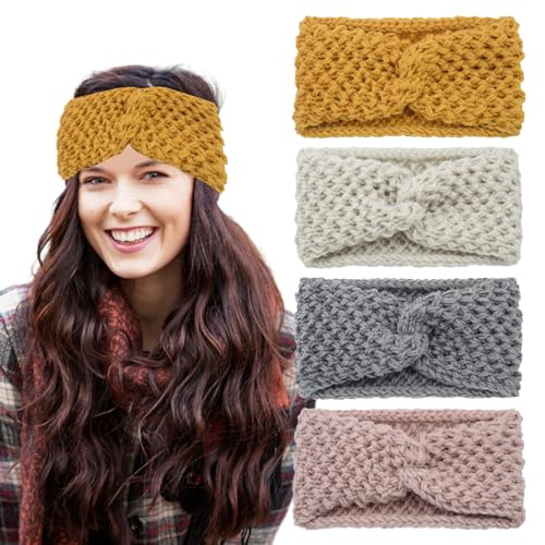 Larfraecy 4 Pezzi Fascia Lavorata a Maglia Inverno Uncinetto Testa,Fascia Calda all'Uncinetto,Twist termiche a maglia per capelli invernali scaldino,cerchietti per capelli da donna,in maglia invernale (A)