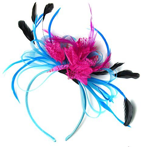 Caprilite Aqua fiordaliso blu e fucsia rosa Hoop netto piuma capelli fascinator fascia matrimonio Ascot