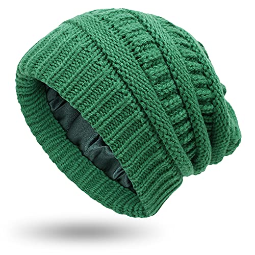 GVATS Fasce for la testa, berretto invernale lavorato a maglia caldo da donna, berretto con teschio lavorato a maglia foderato in seta satinata, grosso e slouchy (Color : Green, Size : One Size)