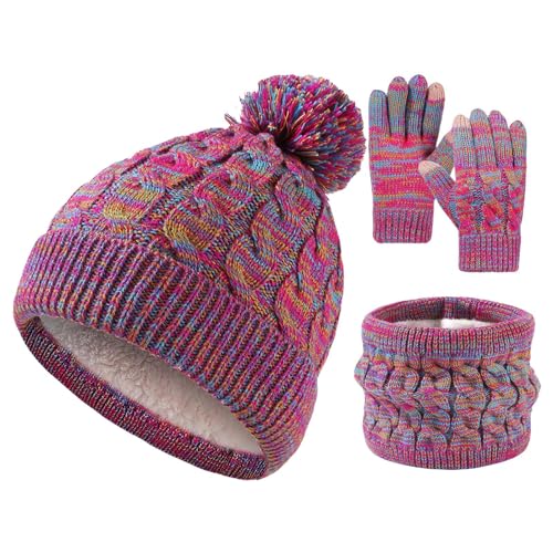 Neamou Set guanti, cappello e sciarpa   Set termico foderato in pile lavorato a maglia Guanti caldi per cappelli, sciarpe circolari per sport all'aria aperta, viaggi o escursioni