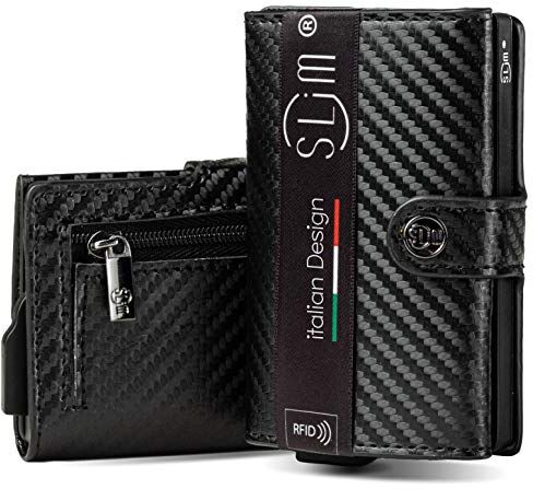 SLim Porta Carte di Credito Schermato Portafoglio Uomo Rfid Portatessere Anticlonazione Donna Portacarte Uomo (Carbon Nero, Con Zip)