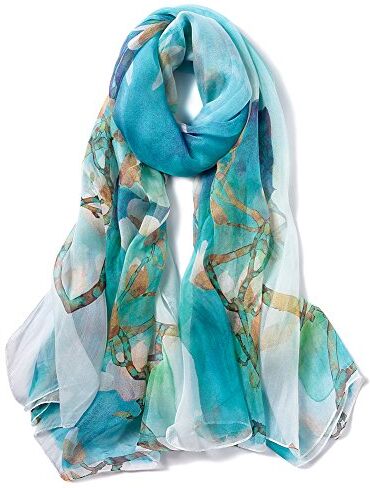 STORY OF SHANGHAI Sciarpa di 100% Seta da Donna Foulard Chiffon con Fantasie Orientale Semi-Trasparente, Fiori e Rami su Blu