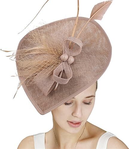 GIBZ Fascinator per Capelli Tesa Larga da Donna Elegante Fascia Tea Party Cappello con Copricapo da Sposa in Piuma a Rete, Cachi