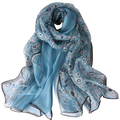 STORY OF SHANGHAI Sciarpa di 100% Seta da Donna Foulard Chiffon con Fantasie Orientale Semi-Trasparente, Fiori Bianchi su Blu(170 * 55cm)