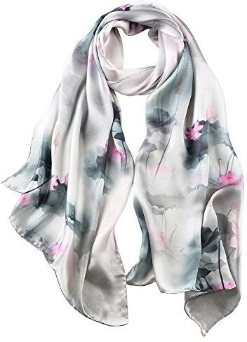 STORY OF SHANGHAI Sciarpa di 100% Seta Charmeuse da Donna Foulard a Raso con Fantasie Orientale, Fiori di Lotus