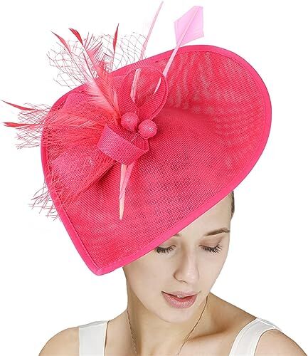 GIBZ Fascinator per Capelli Tesa Larga da Donna Elegante Fascia Tea Party Cappello con Copricapo da Sposa in Piuma a Rete, Rosso Chiaro