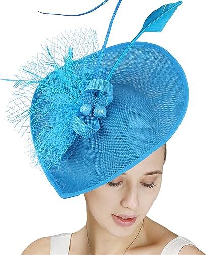 GIBZ Fascinator per Capelli Tesa Larga da Donna Elegante Fascia Tea Party Cappello con Copricapo da Sposa in Piuma a Rete, Blu Scuro