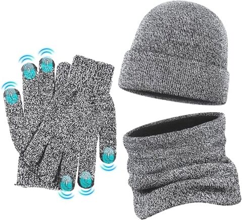 WOBBLO Set guanti sciarpa cappello Set di sciarpe, guanti, cappello invernale da uomo   Berretto invernale lavorato a maglia, scaldacollo, sciarpa e guanti touch screen, set da 3 pezzi, cappello con