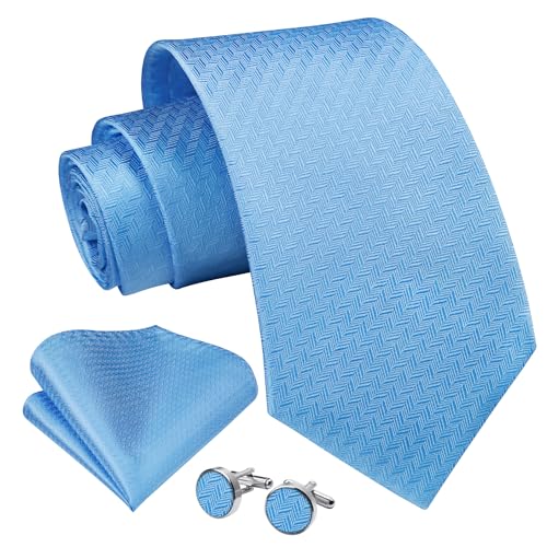 Enlision Cravatta Blu Uomo Elegante Set Cravatta e Fazzoletto Gemelli Tinta Unita Azzurro Cravatte e Pochette Seta per Matrimonio Festa Lavoro