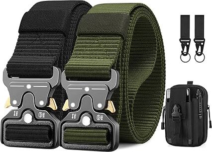 BESTKEE Cintura Tattica da Uomo 1,5" Regolabile in Nylon Stile Militare con Fibbia in Metallo a Sgancio Rapido, Regalo con Marsupio Uomo Tattica e Gancio (Nero e Verde)