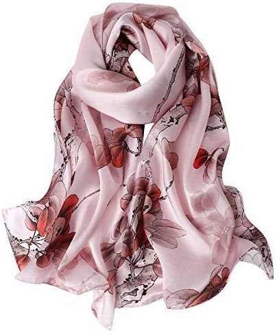 STORY OF SHANGHAI Sciarpa di 100% Seta Charmeuse da Donna Foulard a Raso con Fantasie Orientale, Foglie su Rosa