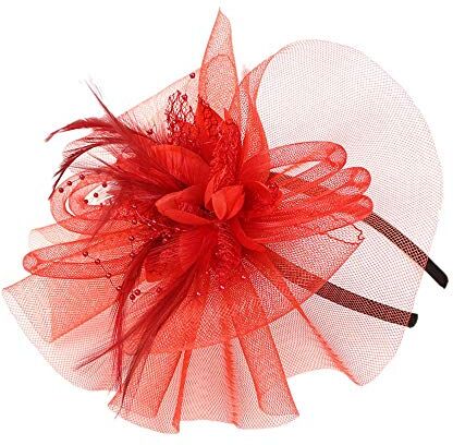 Yinguo Fascia in filo tinta unita e rete da sposa N Fascinator piume, per feste, alla moda, con penna, cappello e berretto da baseball da donna (A-rosso, taglia unica)