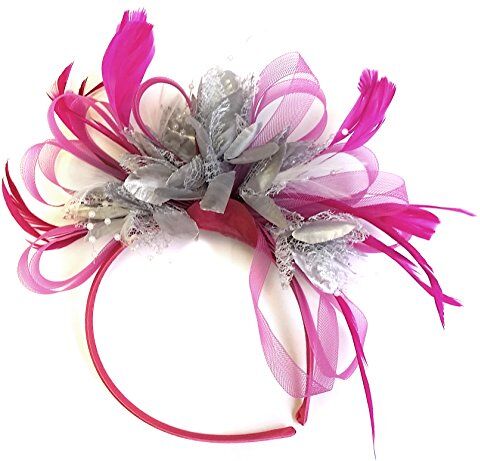 Caprilite Fascinator Cerchietto per capelli con piume, colore: Fucsia rosa acceso e argento