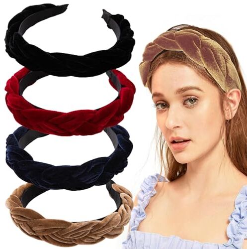 nuluxi Cerchietti per Capelli Velluto Intrecciati 4 Pezzi Vintage Eleganti Fermacapelli Turbante Fasce Cerchietti per Capelli Larghi Velluto Cerchietto Criss Cross Headband Capelli per Donna Ragazze