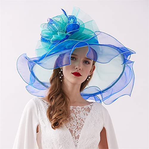 Youllyuu Cappello Derby da donna in organza, grande tesa larga cappello da sole con fiori da chiesa matrimonio