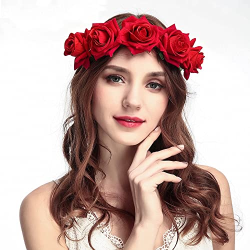 FFWTPY Halloween Cerchietto Fascia Rosa Rossa per Donne Corona di Fiori per Capelli Cerchietti Rose Rosse Fasce per Ghirlande Sposa Copricapo Accessori per Matrimonio Festa e Fotografia