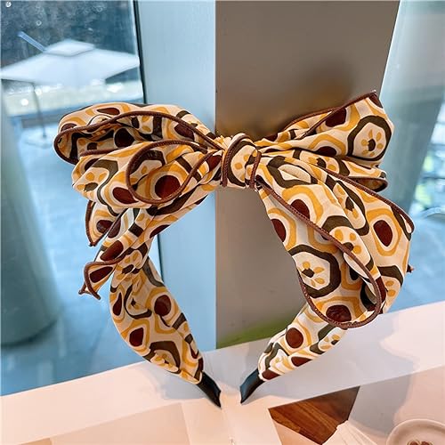 Generico Sciarpa di seta chiffon stampato bowknot moda fascia dolce vento passerella temperamento tre strati tridimensionale grande bowknot fascia, F735-giallo colore contrasto caffè