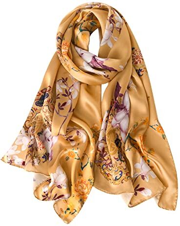 STORY OF SHANGHAI Sciarpa di 100% Seta Charmeuse da Donna Foulard a Raso con Fantasie Orientale.Fiori Bianchi e Gialli su Giallo Scuro