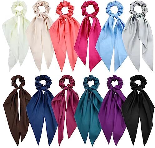 Cinaci 12 pezzi solido raso setoso chiffon capelli cravatte con nastro lungo fiocco coda capelli scrunchies coda di cavallo portafogli elastici accessori per donne ragazze adolescenti