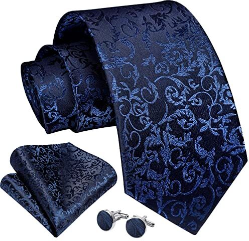 Enlision Cravatta Uomo Blu Navy Elegante Set Cravatta e Fazzoletto Gemelli Cravatta Floreale e Pochette Tinta Unita Paisley Cravatta Matrimonio Festa