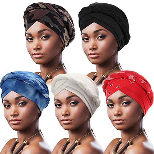 DRESHOW Donne Africane Turbante Pre-Legato Copricapo a treccia Testa Avvolge Cappello Boho Turbante Chemio Cap Elastico Annodato Berretto