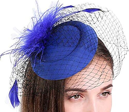 CLSSLVVBN Donne Fascinator Cappello Feather Mesh Velo Festival Matrimonio Stage Show Decorazione della sposa Fermaglio per capelli Copricapo per ragazze, Blu