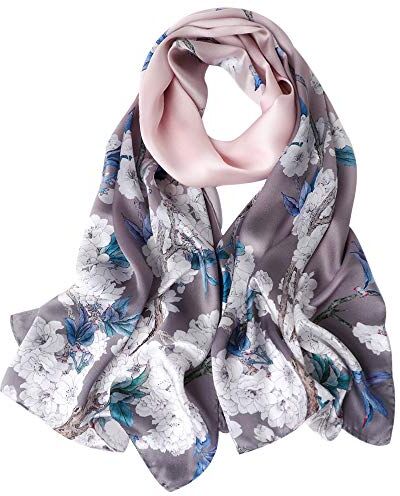 STORY OF SHANGHAI Sciarpa di 100% Seta Charmeuse da Donna Foulard a Raso con Fantasie Orientale, Fiori Bianchi su Argento