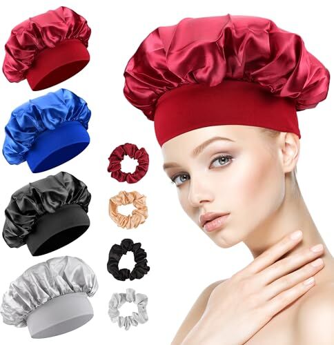 YiliYa Cuffia Seta Capelli Ricci, 4 Pezzi Cuffia Seta Cuffia da Notte e 4 Pezzi Elastici per Capelli in Raso,Cappello da Notte per Donna Berretto da Notte Raso per Ragazze