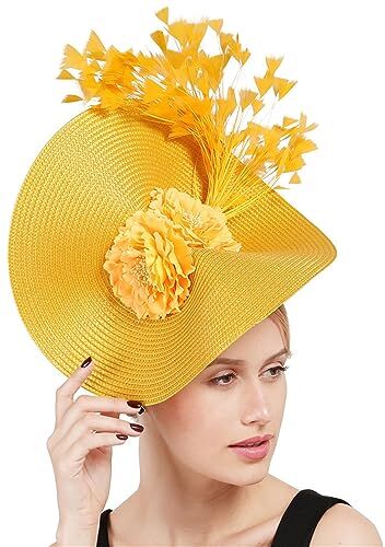 GIBZ Fascinator per Capelli di Paglia a Tesa Larga Floreale Fascia per Tea Party Cappello Copricapo con Piuma per Donna, Giallo