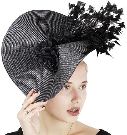 GIBZ Fascinator per Capelli di Paglia a Tesa Larga Floreale Fascia per Tea Party Cappello Copricapo con Piuma per Donna, Nero