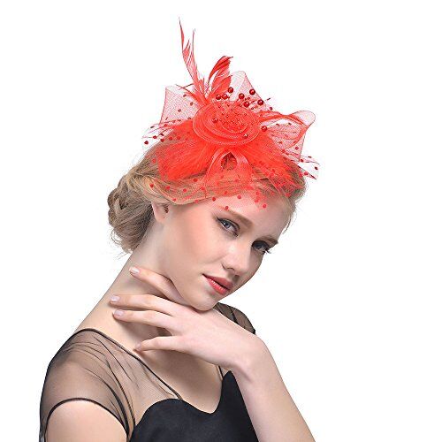 Anmain Piume Fascia Capelli Donna Fiore Fasce Capelli Mesh Fascia Capelli Cocktail Headwrap Headwear Cerimonia Festa Fermagli Mollette Capelli Copricapo Vintage Headband Accessori (rosso)