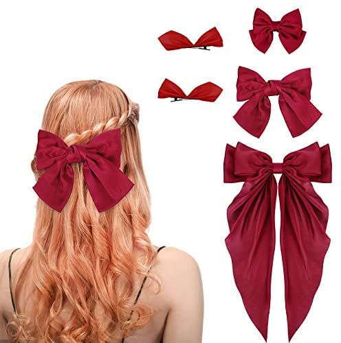 Yolev 5 Pezzi Grandi Fermagli Fiocco Rosso in Raso di Seta Coda Lunga Fiocco Capelli Donna Grande Fermaglio Fiocchi per Capelli Rosso Accessori per Capelli Fiocco Ragazze