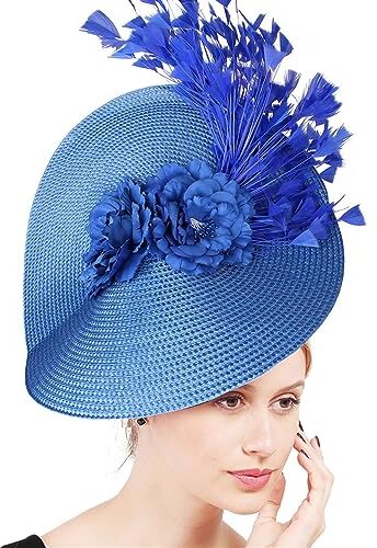 GIBZ Fascinator per Capelli di Paglia a Tesa Larga Floreale Fascia per Tea Party Cappello Copricapo con Piuma per Donna, Blu Reale