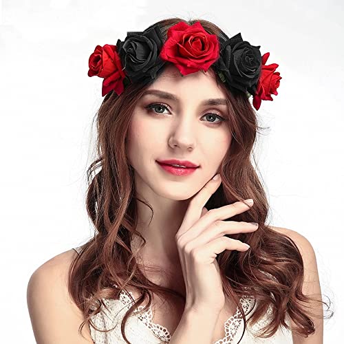 FFWTPY Halloween Cerchietto Fascia Rosa Rossa per Donne Corona di Fiori per Capelli Cerchietti Rose Rosse Fasce per Ghirlande Sposa Copricapo Accessori per Matrimonio Festa e Fotografia