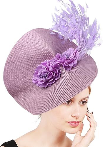 GIBZ Fascinator per Capelli di Paglia a Tesa Larga Floreale Fascia per Tea Party Cappello Copricapo con Piuma per Donna, Viola