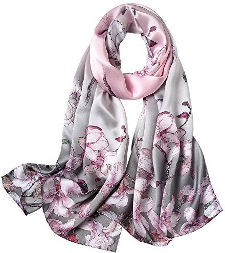 STORY OF SHANGHAI Sciarpa di 100% Seta Charmeuse da Donna Foulard a Raso con Fantasie Orientale, Fiori Rosa su Grigio