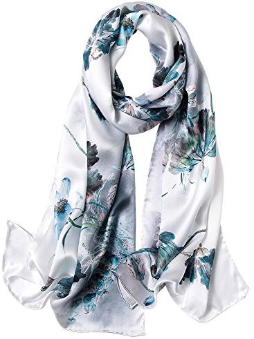 STORY OF SHANGHAI Sciarpa di 100% Seta Charmeuse da Donna Foulard a Raso con Fantasie Orientale, Fiori Azzuri su Bianco