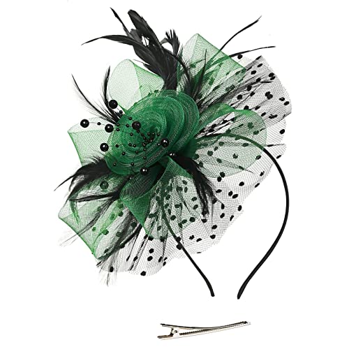 FASLOLSDP Cappello da donna, per matrimonio, cocktail, rete, piume, fermaglio per capelli, fascia per capelli (verde militare, taglia unica)