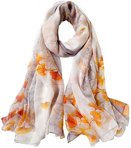 STORY OF SHANGHAI Sciarpa di 100% Seta da Donna Foulard Chiffon con Fantasie Orientale Semi-Trasparente, Fiori Dorati su Bianco