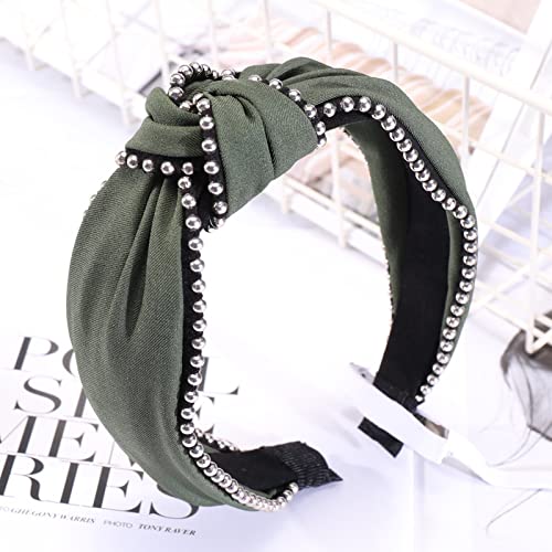 Generic Moda nazionale nuovo cerchio per capelli tinta unita tessuto nodo centrale accessori per capelli cerchio per testa a tesa larga con perline in metallo femminile tornante C, verde militare + fascia an