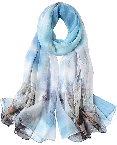 STORY OF SHANGHAI Sciarpa di 100% Seta da Donna Foulard Chiffon con Fantasie Orientale Semi-Trasparente, Cielo Celeste e Barche