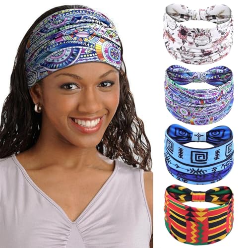 Kavya Fascia Capelli Donna 4 Pezzi Fasce Per Capelli Africa Cerchietto Capelli Donna Elastic Bandana Donna Yoga Headband Accessori Per Capelli (Blu)