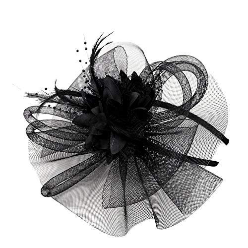 Yinguo Fascia in filo tinta unita e rete da sposa N Fascinator piume, per feste, alla moda, con penna, cappello e berretto da baseball da donna (A-Black, taglia unica)