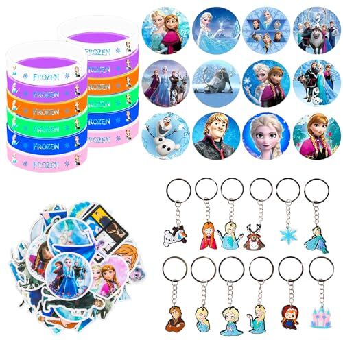 Gxhong 86Pcs Frozen Regalo Compleanno Bambini, Frozen Braccialetti Silicone Frozen Badge Frozen Adesivi Portachiavi, Set Regalo di Compleanno per Bambini, per Ragazzi Ragazze Frozen Tema Feste Regali