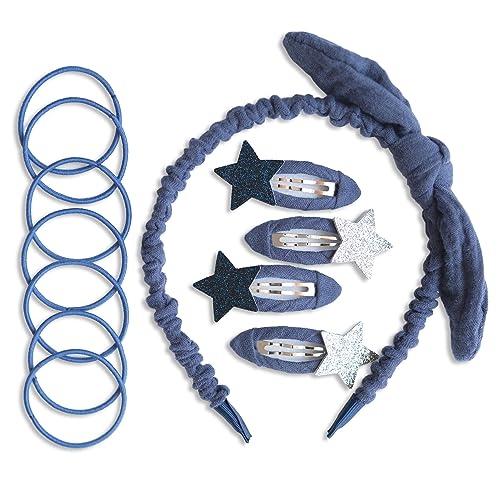 PaPIerDraCHeN Speciale set di accessori per capelli con cerchietto, fermagli per capelli, elastici per capelli combinati con tessuto di mussola di alta qualità, blu scuro, per ragazze e donne