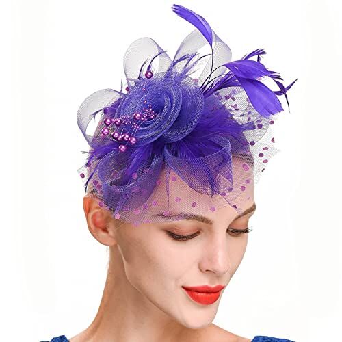 Yinguo Fascia per capelli da donna, con fiocco, con piume, copricapo da sposa, in rete, con combinazione di cappelli da club (d-viola, taglia unica)