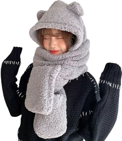 Renywosi Set Di Guanti, Cappelli E Sciarpe Invernali Da Donna   Set Di Guanti E Sciarpa Con Cappuccio 3 In 1, Cappucci Dell'orso Del Fumetto Di Inverno, Set Da Donna Per Stagione Fredda