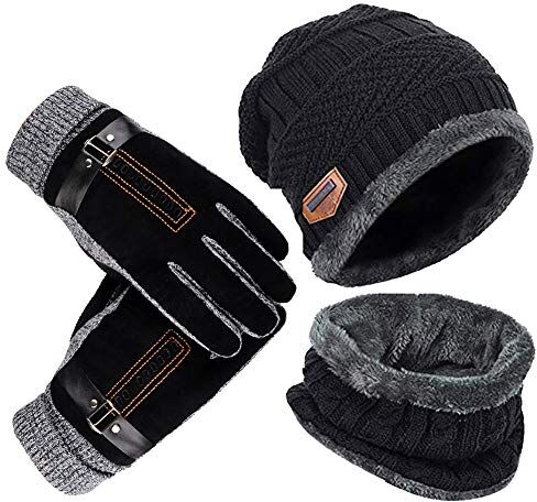 YULOONG Beanie Hat Sciarpa Guanti Set Inverno Cappello Lavorato a Maglia Scaldacollo Touch Screen Guanti da Guida Unisex