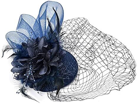 WIndsfinr Fermaglio per capelli fatto a mano, con piume, per matrimonio, stile casual, copricapo fascinator (A1-Navy, taglia unica)